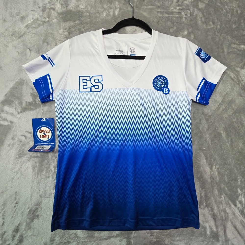 Speed Limit El Salvador Soccer Jersey Womens Small Blue White Dri-Tek NWT